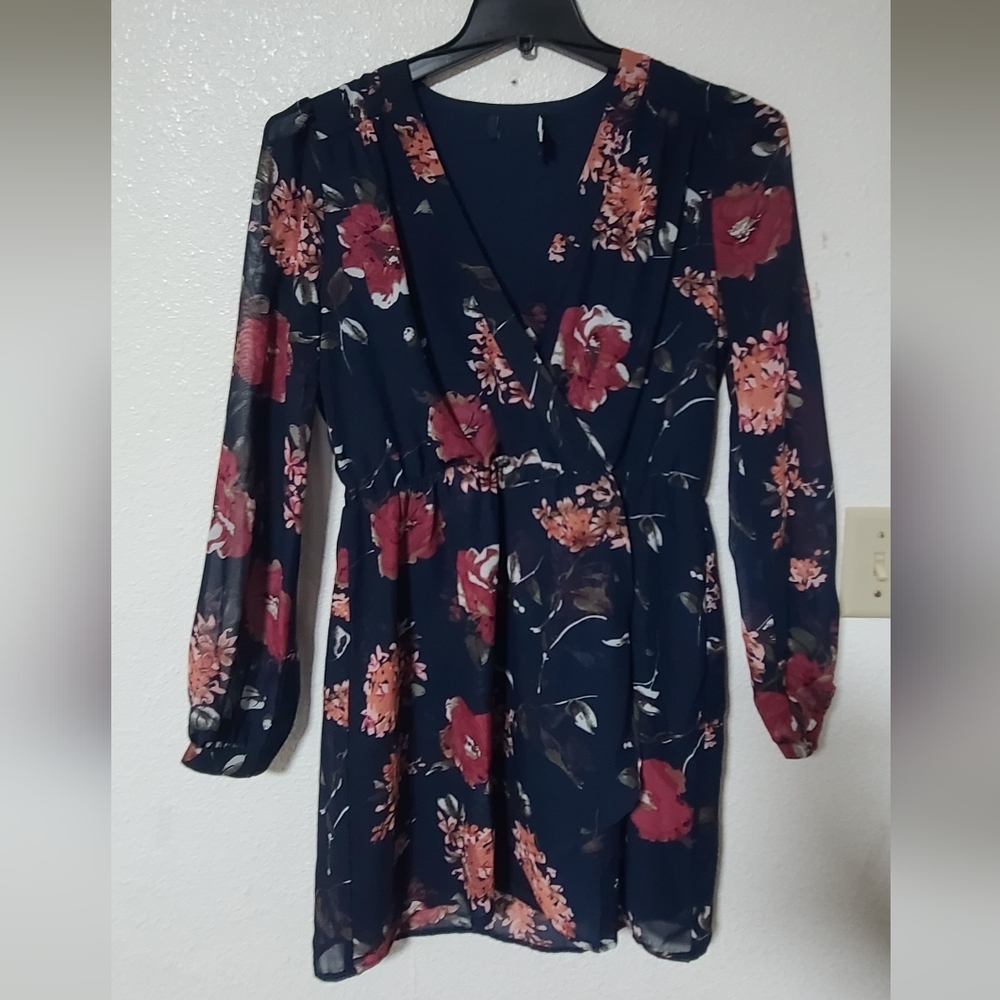 Lulu's Navy Long-Sleeve Floral Wrap Dress with Pink & Coral Blooms